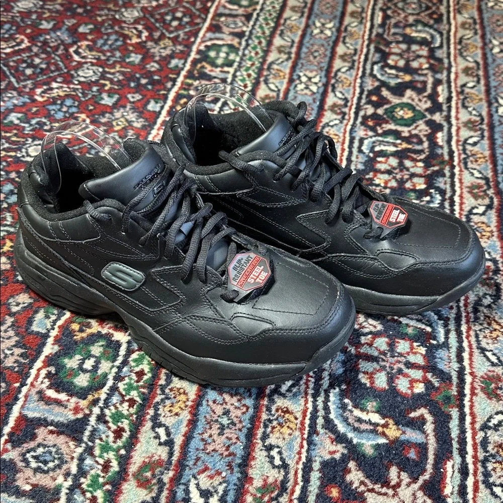Skechers Keystone Black Leather Steel Toe Work Shoes Slip Resistant Men 9.5 - Picture 1 of 9